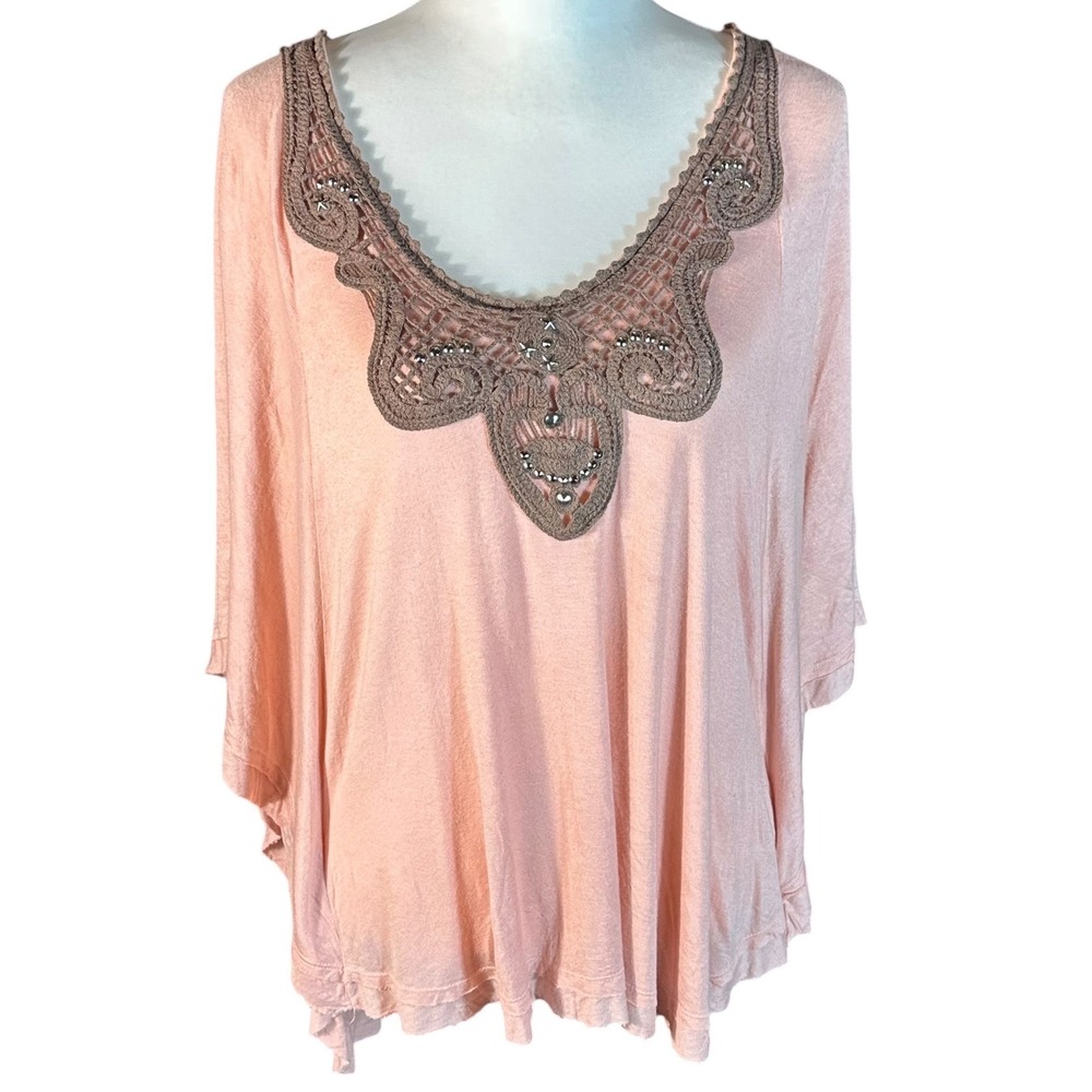 Hale Bob Crochet Embellished Top Womens Large Peach‎ Dolman Sleeve Boho V-Neck